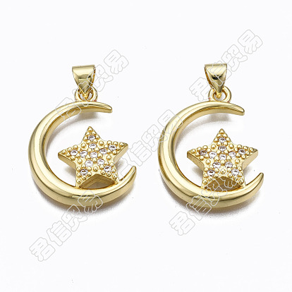 5Pcs Brass Micro Pave Clear Cubic Zirconia Pendants, Nickel Free, Moon with Star