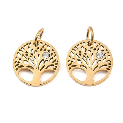 316 Surgical Stainless Steel Pendants, with Cubic Zirconia, Flat Round with Tree