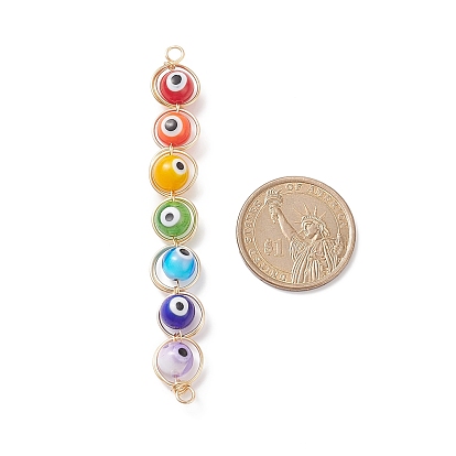 7 Chakra Evil Eye Handmade Lampwork Round Bead Connector Charms, Golden Plated Copper Wire Wrapped Links