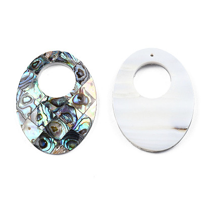 Single-Sided Natural Abalone Shell/Paua Shell Pendants, with Freshwater Shell Back, Oval
