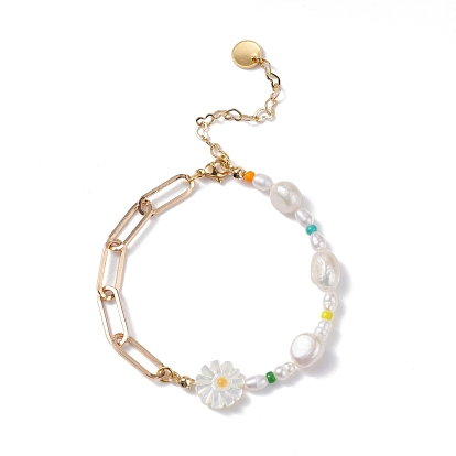 Sunflower Natural Shell Beads Bracelet, Natural Pearl Beads Link Bracelet for Girl Women, Paperclip Chain Bracelet