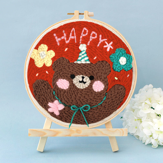 Bear Pattern Punch Embroidery Kits, including Embroidery Fabric & Yarn, Adjustable Punch Needle Pen, Instruction Sheet