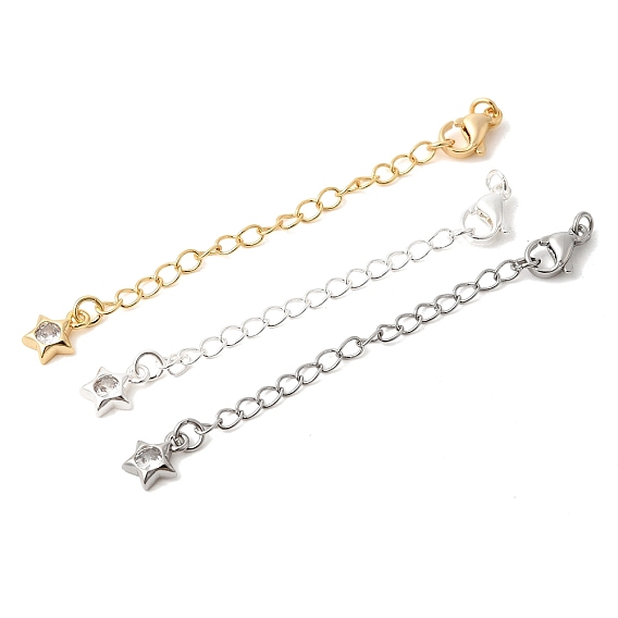 Удлинитель цепочки из латуни с микропаве и прозрачным кубическим цирконием, цепочки с застежками-карабинами и подвесками в виде звездочек