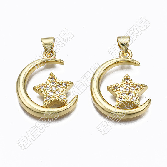 5Pcs Brass Micro Pave Clear Cubic Zirconia Pendants, Nickel Free, Moon with Star