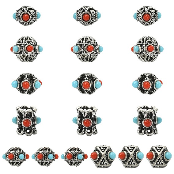18 Stück 6 Stile tibetischen Stil Legierungsperlen, mit Acryl