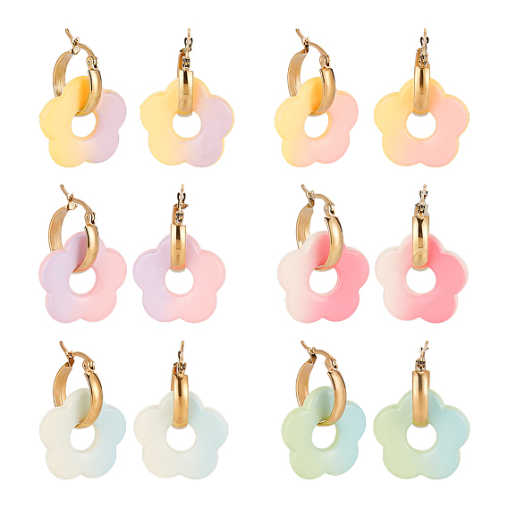 6 пары 6 цветные цветочные градиентные непрозрачные акрил с 304 серьгами-кольцами из нержавеющей стали, золотые