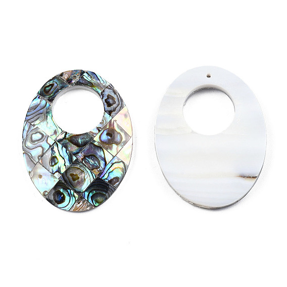 Single-Sided Natural Abalone Shell/Paua Shell Pendants, with Freshwater Shell Back, Oval