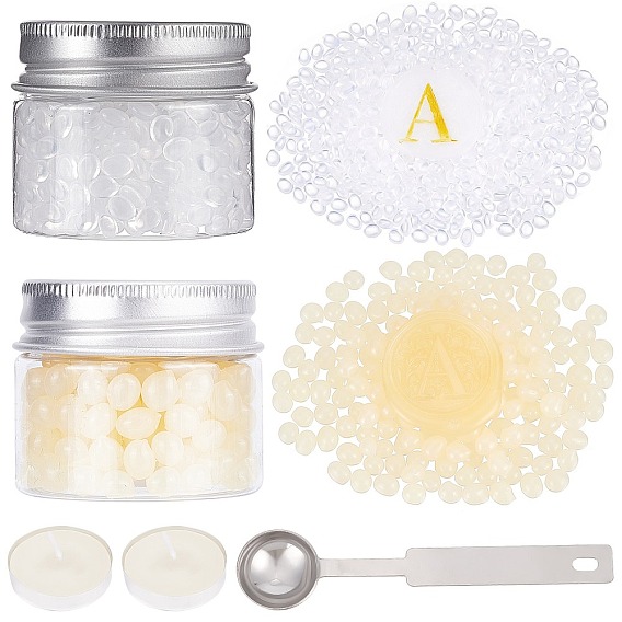 2 коробки 2 цвета овальные восковые гранулы, бусины из горячего расплавленного воска для винтажной сургучной печати, с 2плоскими круглыми свечами и ложкой из нержавеющей стали 1шт.