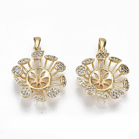 Brass Micro Pave Clear Cubic Zirconia Peg Bails Pendants, with Brass Pinch Bail, for Half Drilled Bead, Nickel Free, Flower