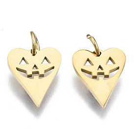 304 encantos de acero inoxidable, con anillos de salto, Corte con laser, Halloween, corazón jack-o-lantern