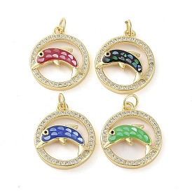 Brass Micro Pave Clear Cubic Zirconia Pendants, with Enamel and Shell & Jump Ring, Real 18K Gold Plated, Flat Round with Dolphin Charm