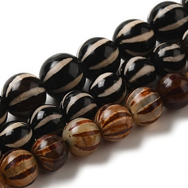 Tibetan Style dZi Beads Strands, Natural Agate Beads Strands, Dyed & Heated, Round with Striped Pattern