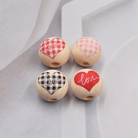 Perles européennes en bois de la saint valentin, perle avec trou grande, rond avec coeur d'amour