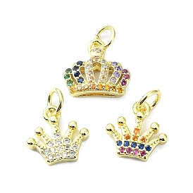 Brass Micro Pave Cubic Zirconia Pendants, with Jump Ring, Real 18K Gold Plated, Crown Charm
