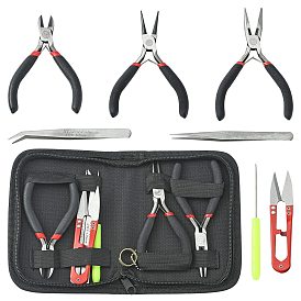 Random Color DIY Jewelry Tool Kits, Round Nose Pliers, Side Cutting Pliers, Wire Cutter, Scissor, Beading Tweezers and Bead Awls, Rings, with Black Bags, 8PC/Set