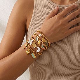 304 Stainless Steel Enamel Charm Round Beaded Stretch Bracelets for Women, Golden, Colorful