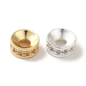 Rack Plating Brass Pave Clear Cubic Zirconia Spacer Beads, Flat Round, Long-Lasting Plated, Cadmium Free & Lead Free