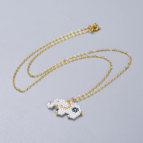 Handmade Japanese Seed Beads Pendant Necklaces, with Brass Chain, Elephant