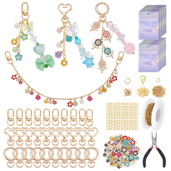 Сделай сам наборы для ключей, в том числе 304 цепочки из нержавеющей стали для скрепок, железные концы, застежки-поворотные из сплава и застежки-карабин, сплав эмали цветок прелести