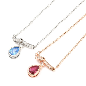 Bowknot with Teardrop Cubic Zirconia Pendant Necklace with Brass Cable Chains