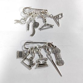 10 Stück 10 Stile Stichmarkierer aus Legierung im tibetischen Stil mit Anhänger, gehäkelte Leverback-Reifenanhänger, Mischformen