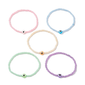 5Pcs 5 Colors Evil Eye Resin & Glass Seed Beaded Stretch Bracelet Sets, Stackable Bracelets for Women