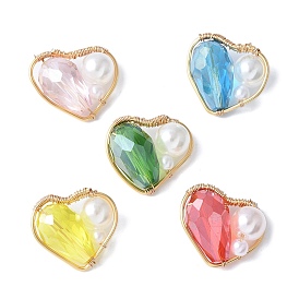 Стеклянные подвески, сердце, АБС-пластик имитация жемчуга и медная проволока, граненые