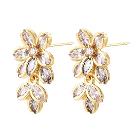 Flower Glass Brass Stud Earrings, Leaf Dangle Earrings for Women