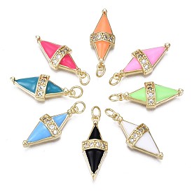 Brass Micro Pave Clear Cubic Zirconia Pendants, with Enamel and Jump Rings, Cadmium Free & Nickel Free & Lead Free, Real 16K Gold Plated, Rhombus