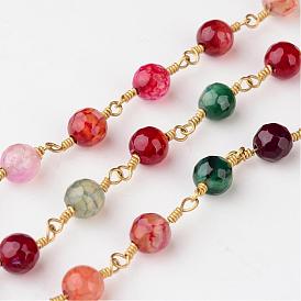 Handmade Natural Agate Beaded Chains, with Spool, Unwelded, with Spool, Brass Findings, Golden, 16x6mm, about 32.8 Feet(10m)/roll