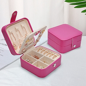 Mini Travel Imitation Leather Storage Box for Women, Square Portable Jewelry Case Organizer for Earrings Rings, with Snap Button and Mirror