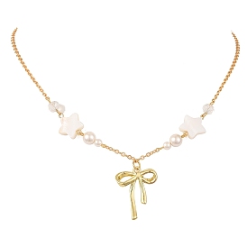 Alloy Crystal Rhinestone Bowknot Pendant Necklaces, Star & Round Natural Shell Beaded Necklaces