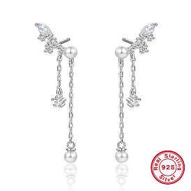 Rhodium Plated Platinum Plated 925 Sterling Silver Wing Stud Earrings with Shell Pearl, Cubic Zirconia Tassel Earrings