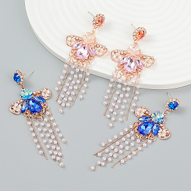 Colorful Diamond Tassel Earrings with Imitation Pearl and Waterdrop Shape, Unique Design Jewelry