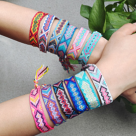 Bohemian Ethnic Handmade Tassel Bracelet with Embroidered Colorful Geometric Pattern - Adjustable
