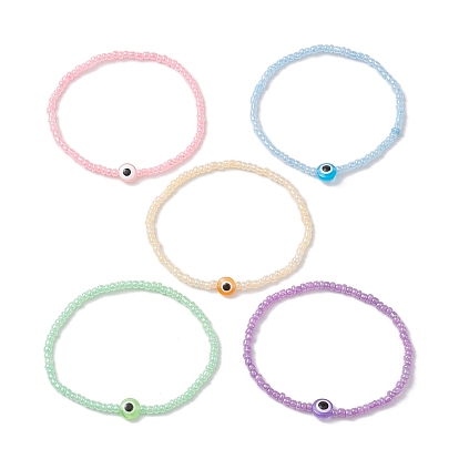 5 шт. 5 цвета, комплекты эластичных браслетов из смолы и стеклянного бисера сглаза, составные браслеты для женщин