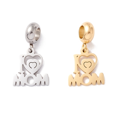 304 Stainless Steel European Dangle Charms, Large Hole Pendants, Heart & Word Mom