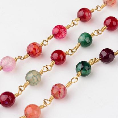 Handmade Natural Agate Beaded Chains, with Spool, Unwelded, with Spool, Brass Findings, Golden, 16x6mm, about 32.8 Feet(10m)/roll