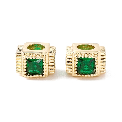 Rack Plating Brass Micro Pave Cubic Zirconia European Beads, Large Hole Beads, Long-Lasting Plated, Cadmium Free & Lead Free, Cube