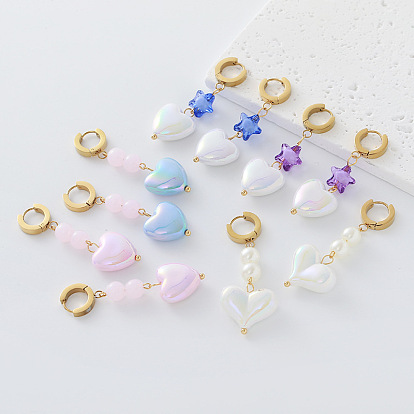 Boucles d'oreilles pendantes créoles en résine et acier inoxydable pour femmes, coeur avec l'étoile, avec perle d'imitation, or