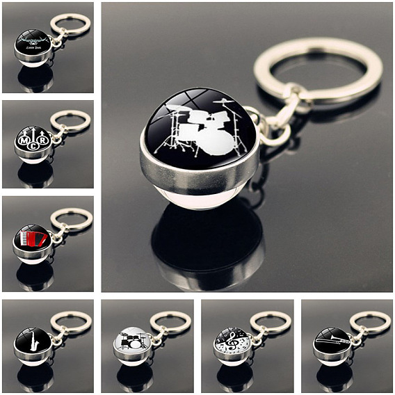 Musical Instruments Keychain, with Glass Round Pendants