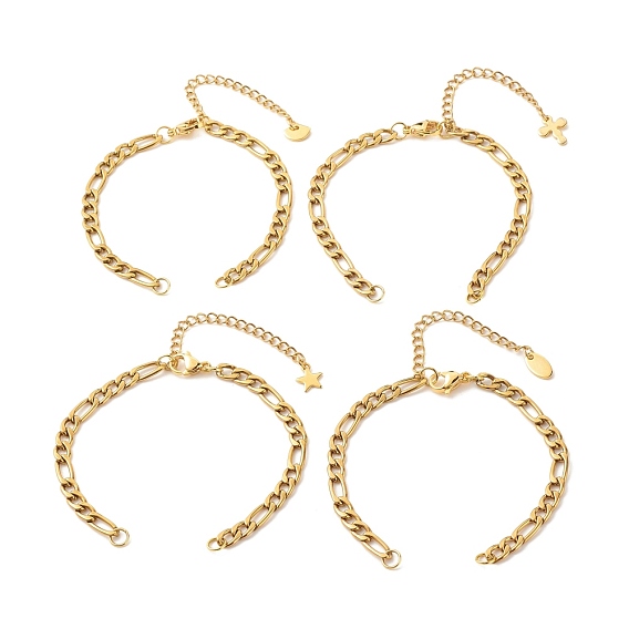 304 Stainless Steel Figaro Chain Bracelet Making, with Chain Extender, Mix-shaped