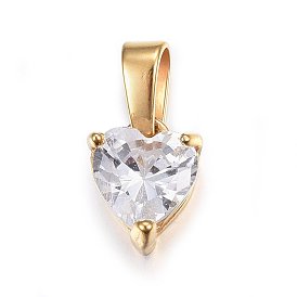 Cubic Zirconia Charms, with 304 Stainless Steel Findings, Heart, Clear