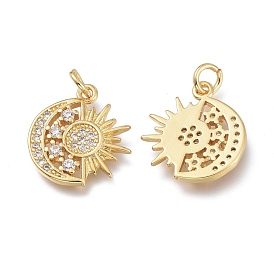 Brass Micro Pave Clear Cubic Zirconia Pendants, with Jump Rings, Long-Lasting Plated, Moon & Sun