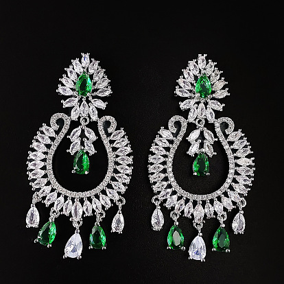 Серьги-люстры из латуни с микропаве и кубическим цирконием в форме капли, платина