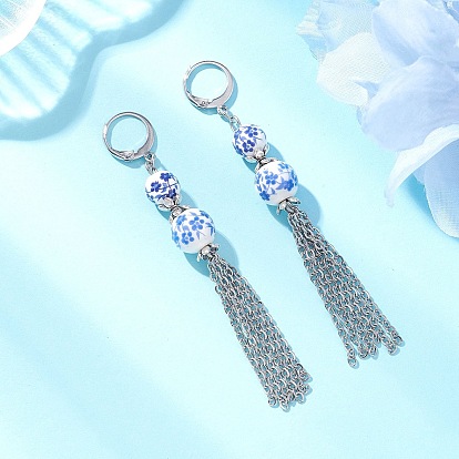 Фарфоровые керамические бусины с цветочным принтом ручной работы, с 304 цепями из нержавеющей стали и кисточкой