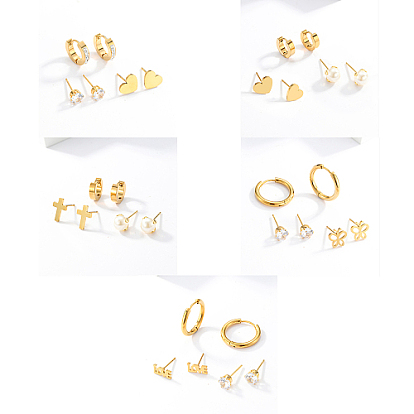 3 Pairs 3 Style Stainless Steel Huggie Hoop Earring & Stud Earring Sets, Cross/Heart/Butterfly Jewelry for Women, Real 18K Gold Plated