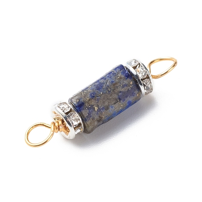Natural Mixed Gemstone Connector Charms, with Brass Rhinestone Beads and Golden Tone Copper Wires, Faceted Column