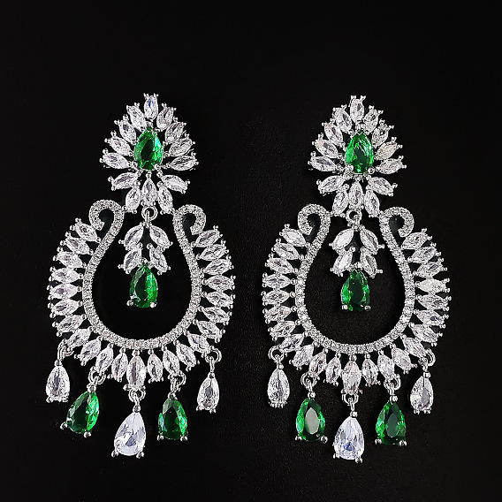 Серьги-люстры из латуни с микропаве и кубическим цирконием в форме капли, платина