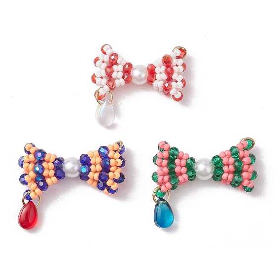 Подвески-бантики из стеклянных бус, с 304 кольцами из нержавеющей стали и каплевидными